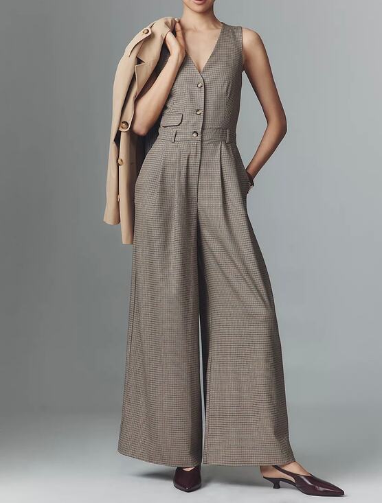 Maeve Pants - Maeve Athropologie Vest Gingham Avery Wide Leg Pleated Jumpsuit Size 6 Tall